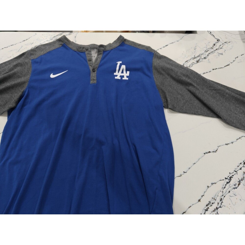 Nike LA Dodgers Raglan Henley Shirt Men Large Blue Grey 3/4 Sleeve